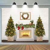 Weihnachten Baum Kamin Weiß Ziegel Wand Party Hintergrund